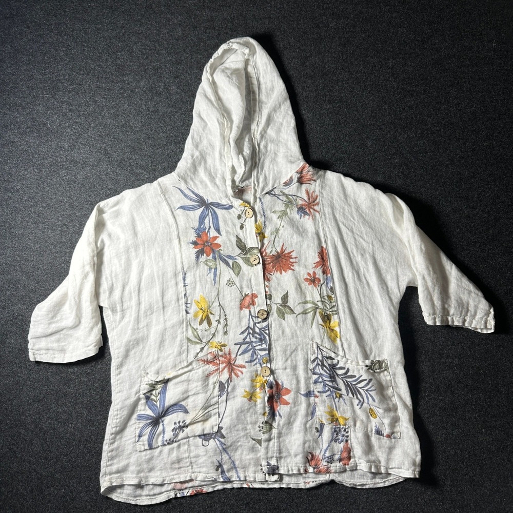 Linen Luv Women White Floral Button Front Hooded Shirt Jacket Large L Botanical